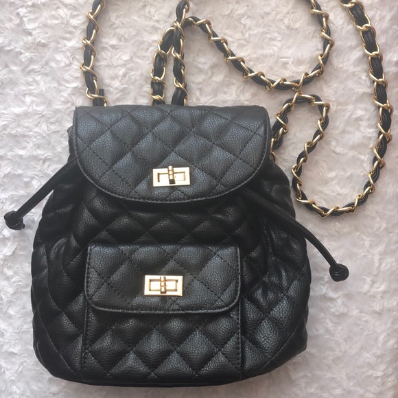 Handbags - Quilted Black Backpack with Chain Straps